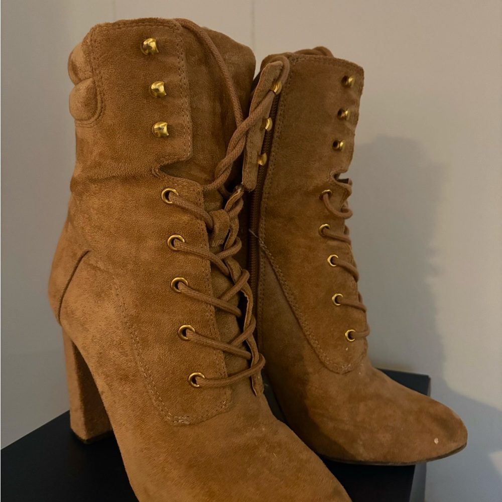 Women's Tan Suede Ankle Boots - Picture 3 of 4